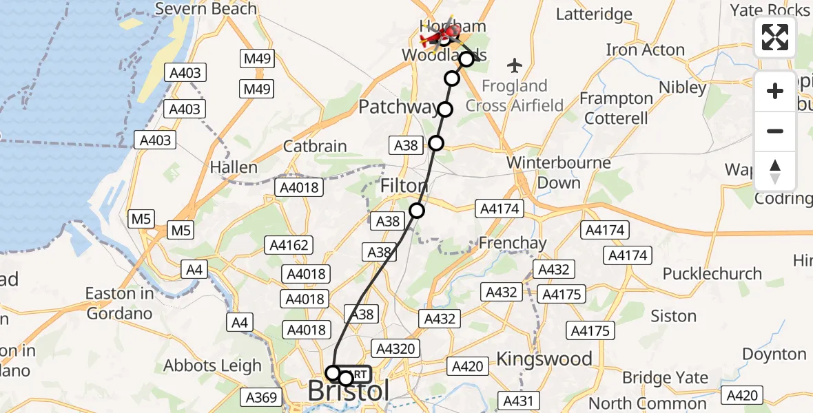Flight route Air Ambulance Helicopter Bristol Royal Infirmary - Almondsbury Helicopter Base, 07 June 2026, 17:04
