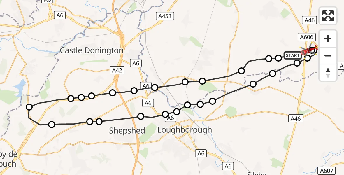 Flight route Air Ambulance Helicopter Widmerpool - Nottingham Heliport, 07 June 2026, 17:16