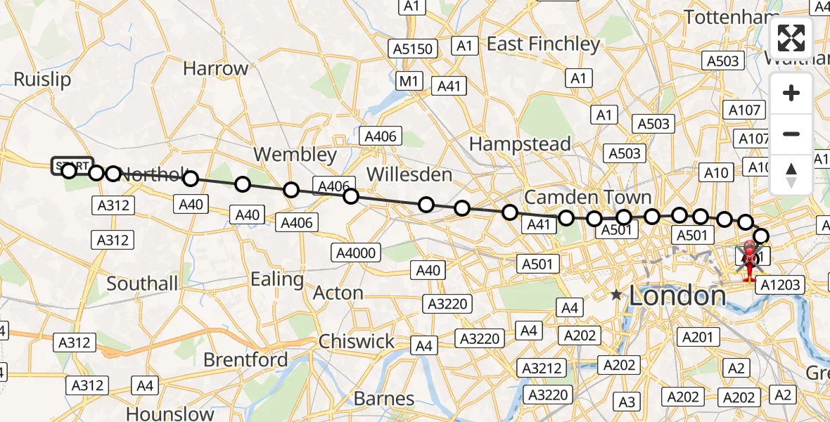 Flight route Air Ambulance Helicopter RAF Northolt - Royal London Hospital, 07 June 2026, 17:17