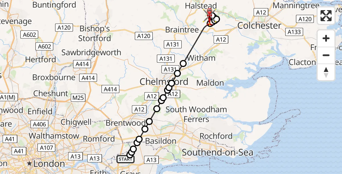 Flight route Air Ambulance Helicopter South Ockendon - Earls Colne Airfield, 07 June 2026, 17:23