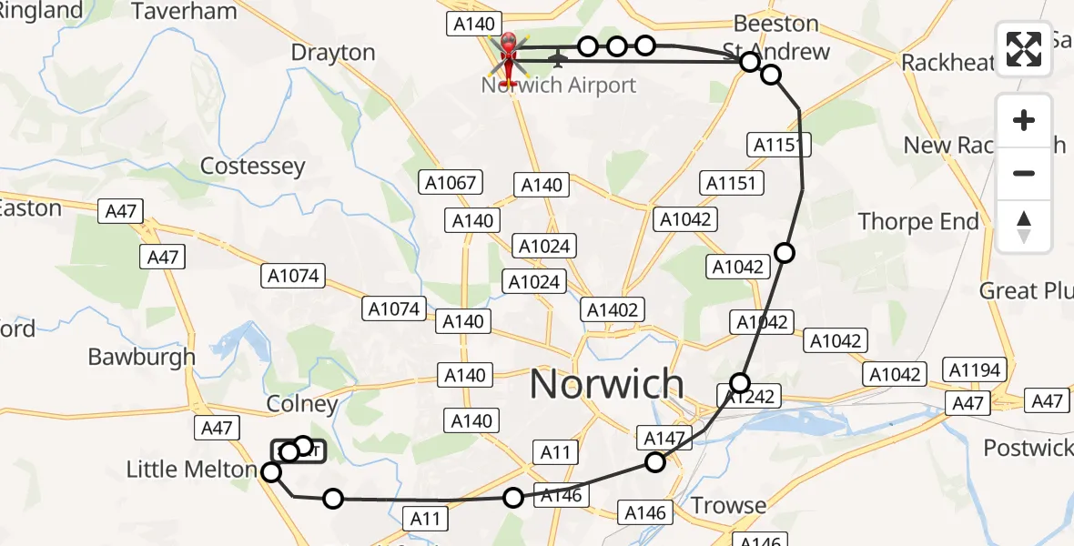 Flight route Air Ambulance Helicopter Norfolk & Norwich Hospital - Norwich Airport, 07 June 2026, 17:24