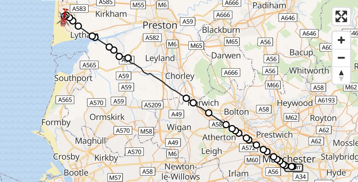 Flight route Air Ambulance Helicopter Ardwick - Blackpool Airport, 07 June 2026, 17:24