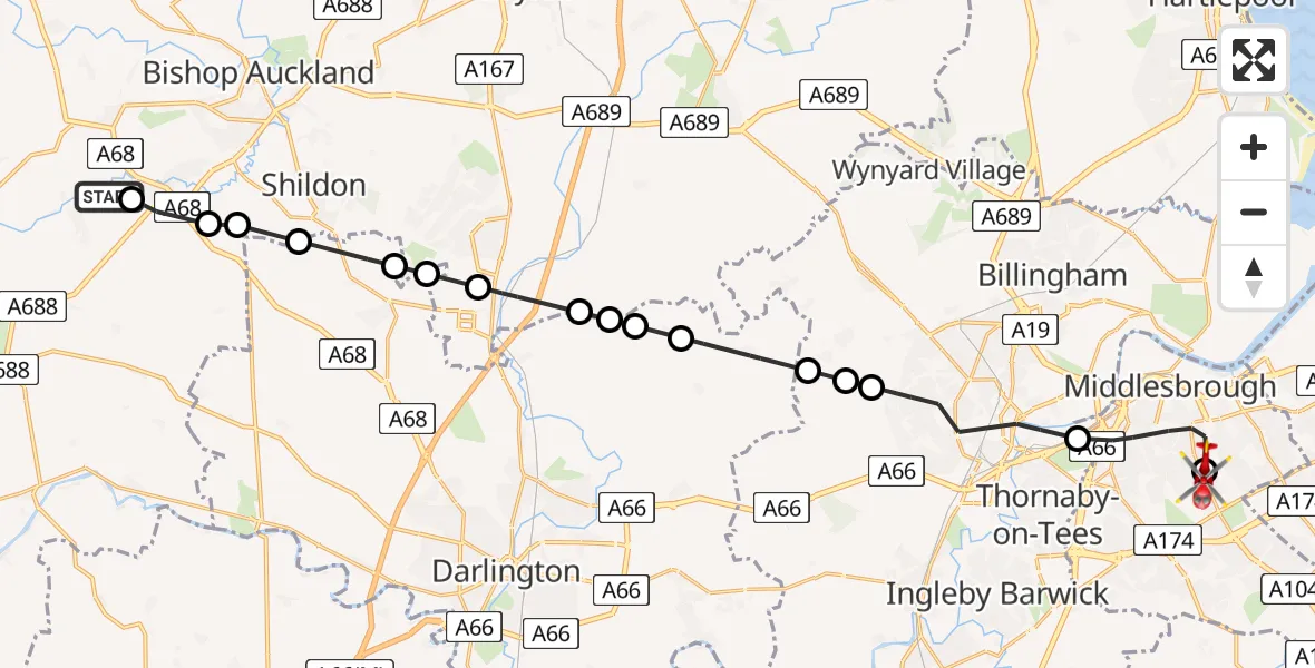 Flight route Air Ambulance Helicopter Evenwood - James Cook University Hospital, 07 June 2026, 17:25