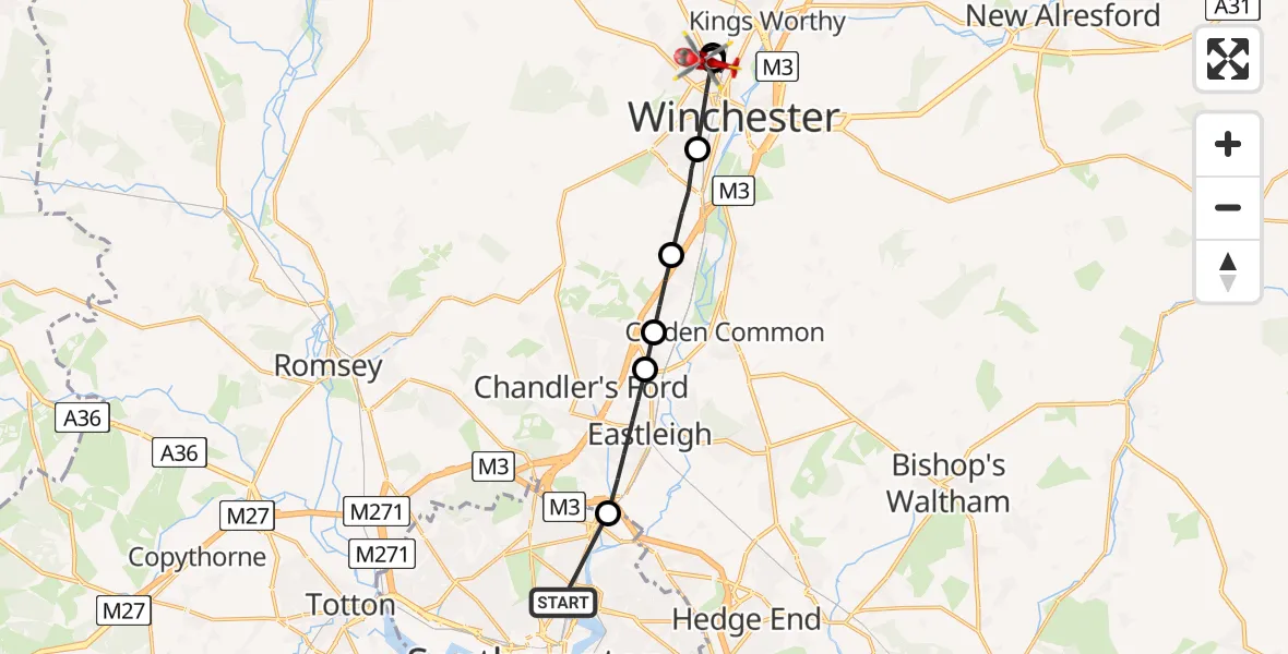 Flight route Air Ambulance Helicopter Portswood Park - Winchester, 07 June 2026, 17:27