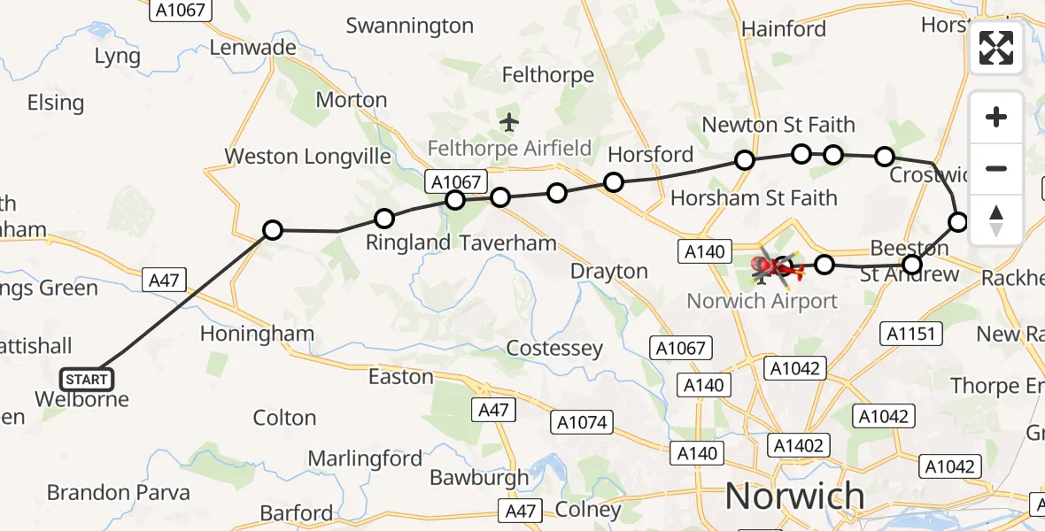Flight route Air Ambulance Helicopter Welborne - Norwich Airport, 07 June 2026, 17:42
