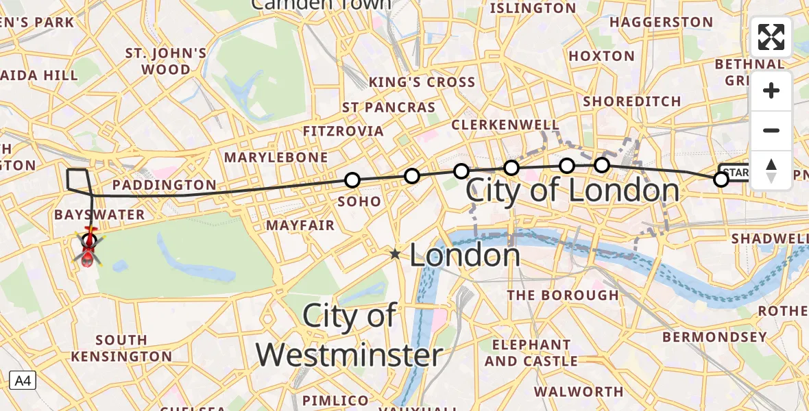 Flight route Air Ambulance Helicopter Royal London Hospital - Kensington, 07 June 2026, 17:51