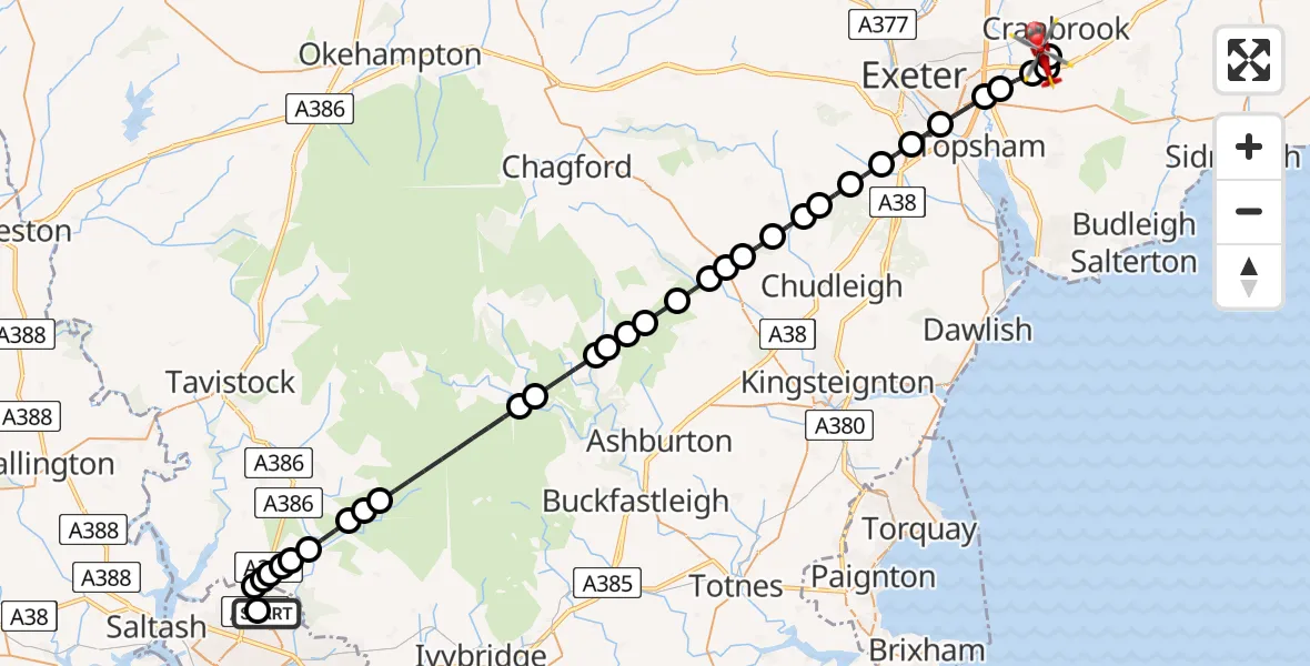 Flight route Air Ambulance Helicopter Derriford Hospital - Exeter International Airport, 07 June 2026, 17:53