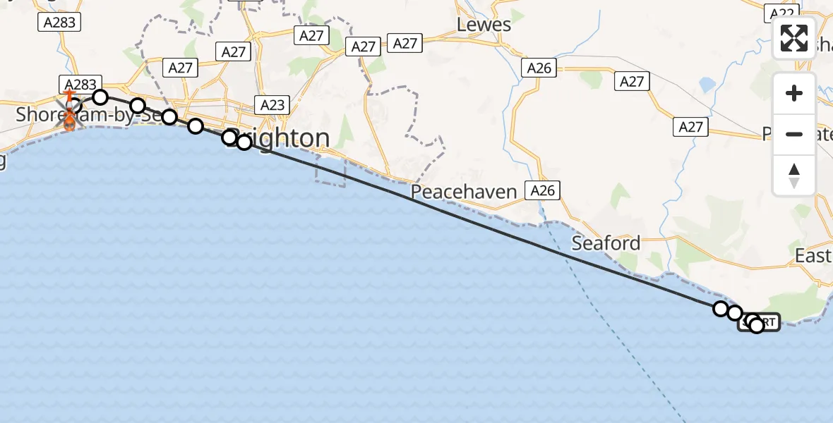 Flight route Coastguard Helicopter Eastbourne - Brighton City Airport, 07 June 2026, 18:00