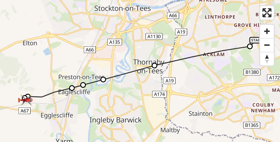 Flight route Air Ambulance Helicopter James Cook University Hospital - Egglescliffe, 07 June 2026, 18:03