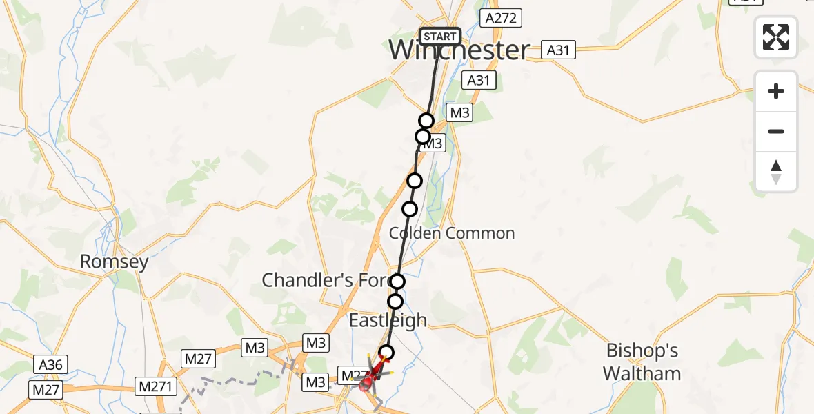 Flight route Air Ambulance Helicopter Winchester - Southampton Airport, 07 June 2026, 18:20