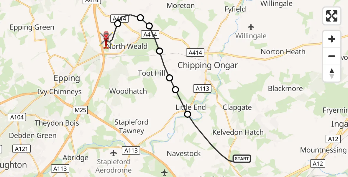 Flight route Air Ambulance Helicopter Brentwood - North Weald Airfield, 07 June 2026, 18:21