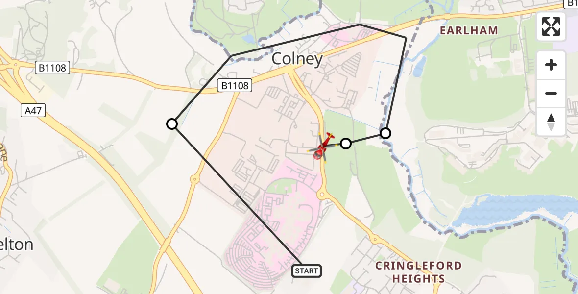 Flight route Air Ambulance Helicopter Norfolk & Norwich Hospital - Colney, 07 June 2026, 18:24