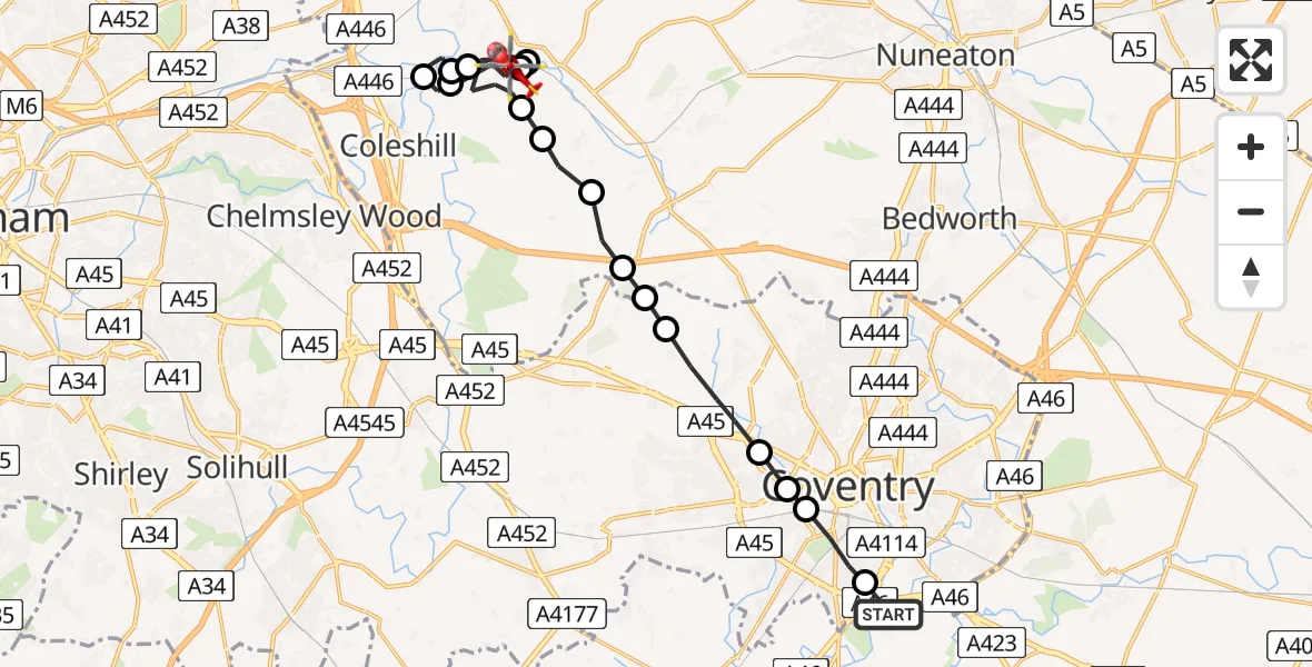 Flight route Air Ambulance Helicopter Warwick - Shustoke, 07 June 2026, 18:27