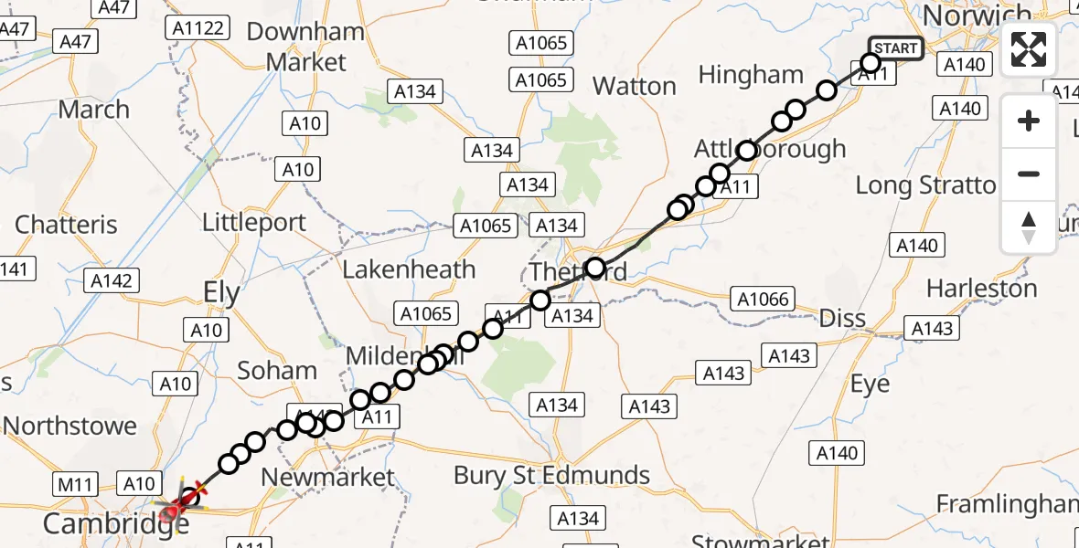 Flight route Air Ambulance Helicopter Hethersett - Stow cum Quy, 07 June 2026, 18:41