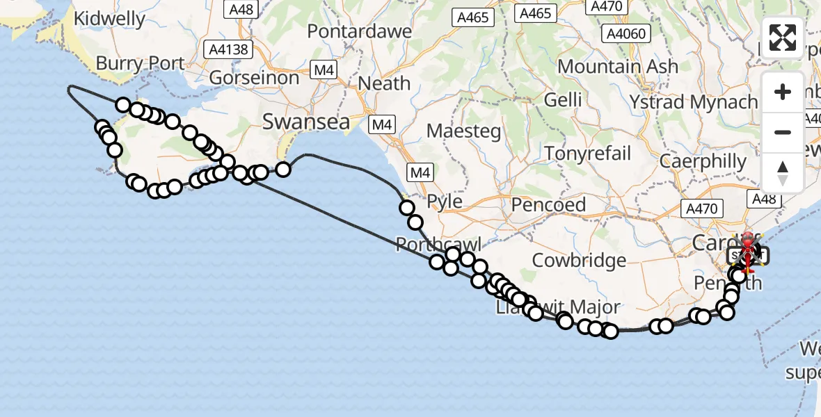 Flight route Air Ambulance Helicopter Cardiff Heliport - Cardiff Heliport, 07 June 2026, 18:47