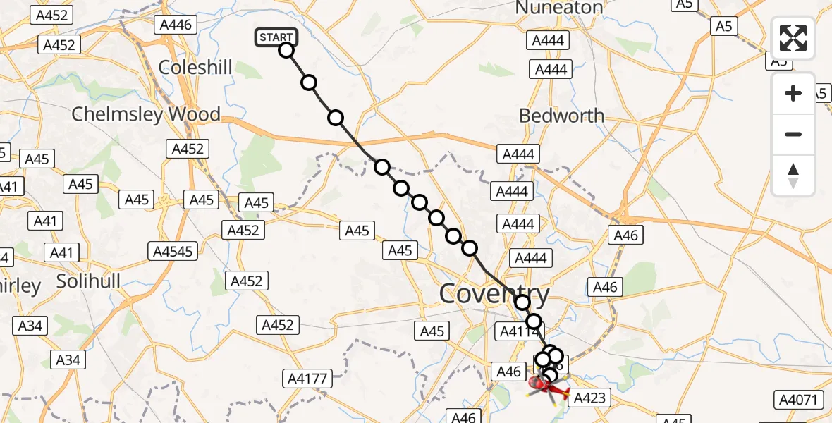 Flight route Air Ambulance Helicopter Shustoke - Warwick, 07 June 2026, 18:56