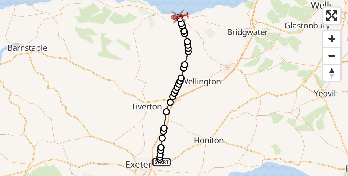 Flight route Air Ambulance Helicopter Exeter International Airport - Watchet, 07 June 2026, 19:06