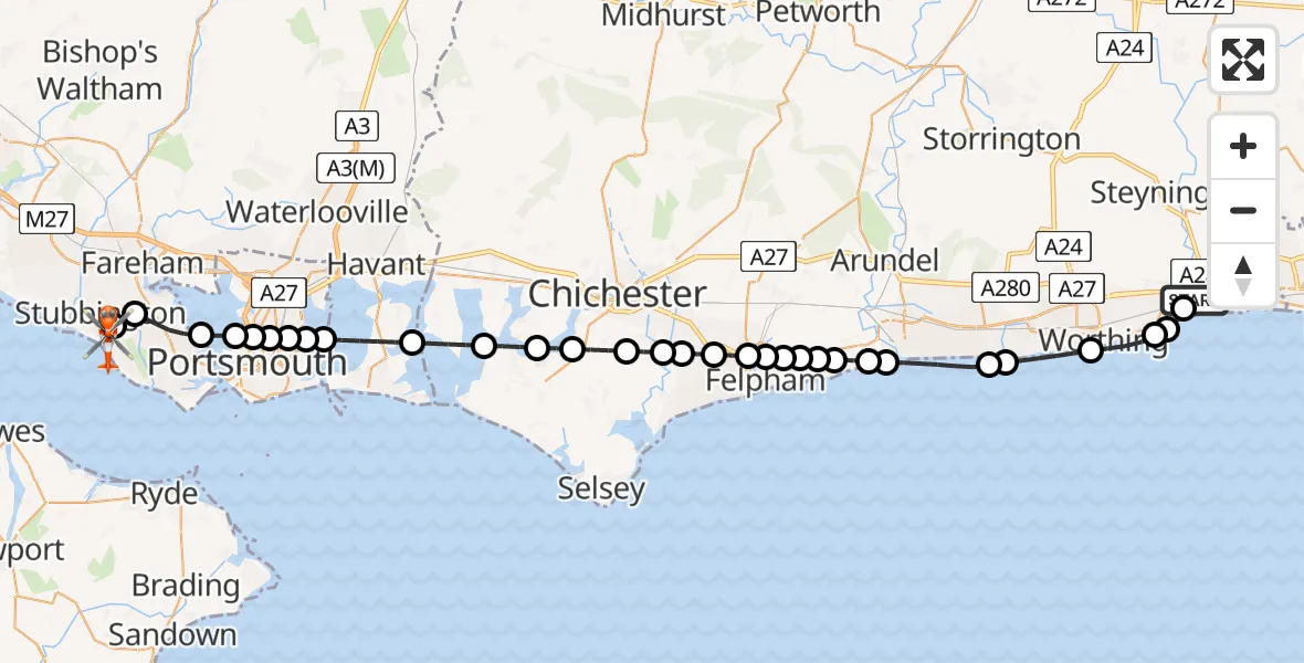 Flight route Coastguard Helicopter Brighton City Airport - Solent Airport, 07 June 2026, 19:06