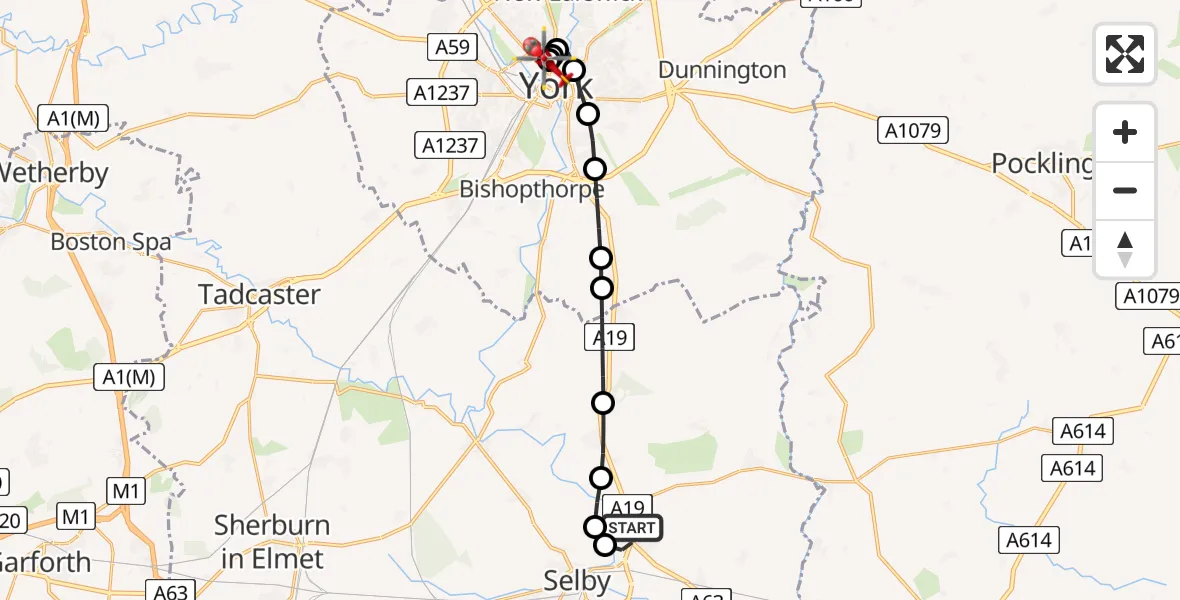 Flight route Air Ambulance Helicopter Barlby - Clifton, 07 June 2026, 19:06