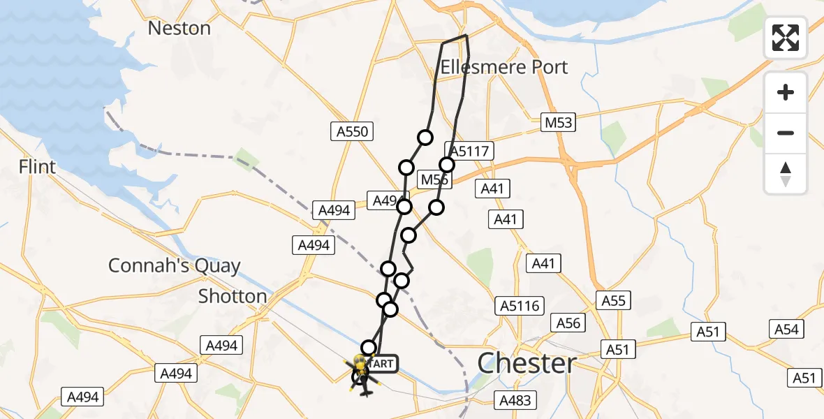 Flight route Police Helicopter Saltney Ferry - Hawarden Airport, 07 June 2026, 19:09