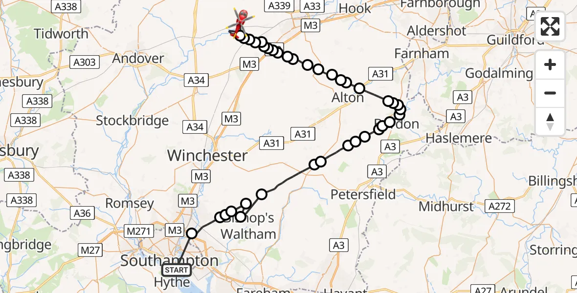 Flight route Air Ambulance Helicopter Southampton - Overton, 07 June 2026, 19:09