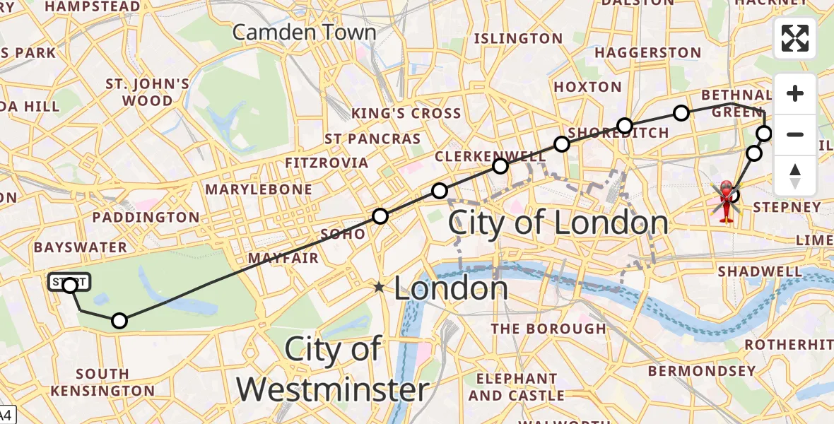 Flight route Air Ambulance Helicopter Kensington - Royal London Hospital, 07 June 2026, 19:10