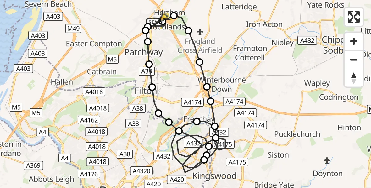 Flight route Police Helicopter Almondsbury Helicopter Base - Almondsbury Helicopter Base, 07 June 2026, 19:11