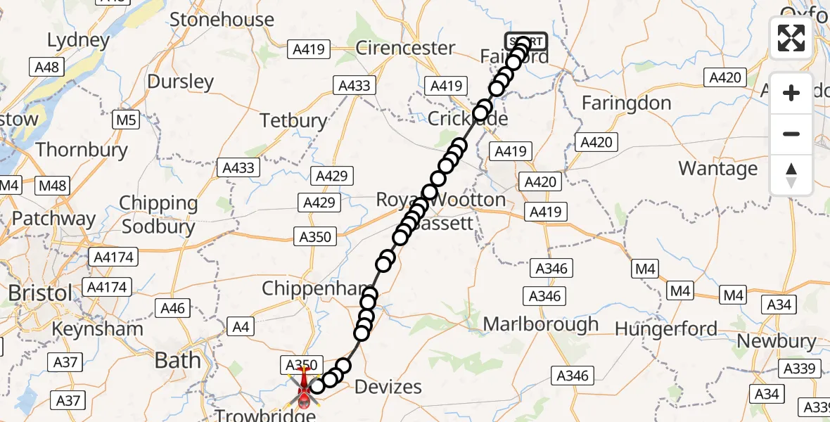 Flight route Air Ambulance Helicopter Fairford - Wiltshire Air Ambulance, 07 June 2026, 20:01