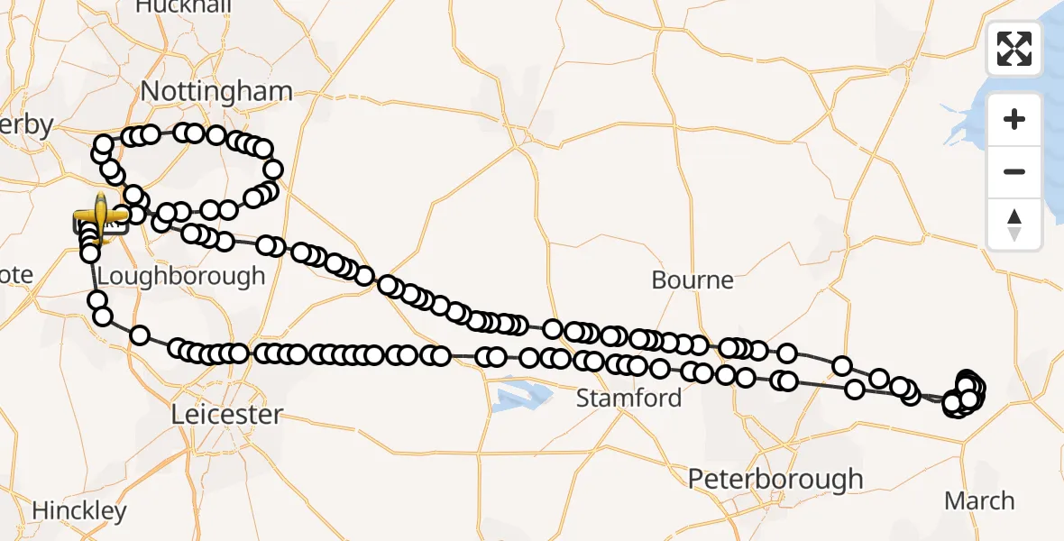Flight route Police Aircraft East Midlands Airport - East Midlands Airport, 07 June 2026, 20:04