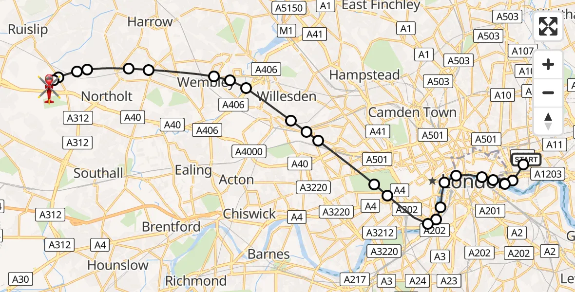 Flight route Air Ambulance Helicopter Royal London Hospital - RAF Northolt, 07 June 2026, 20:24