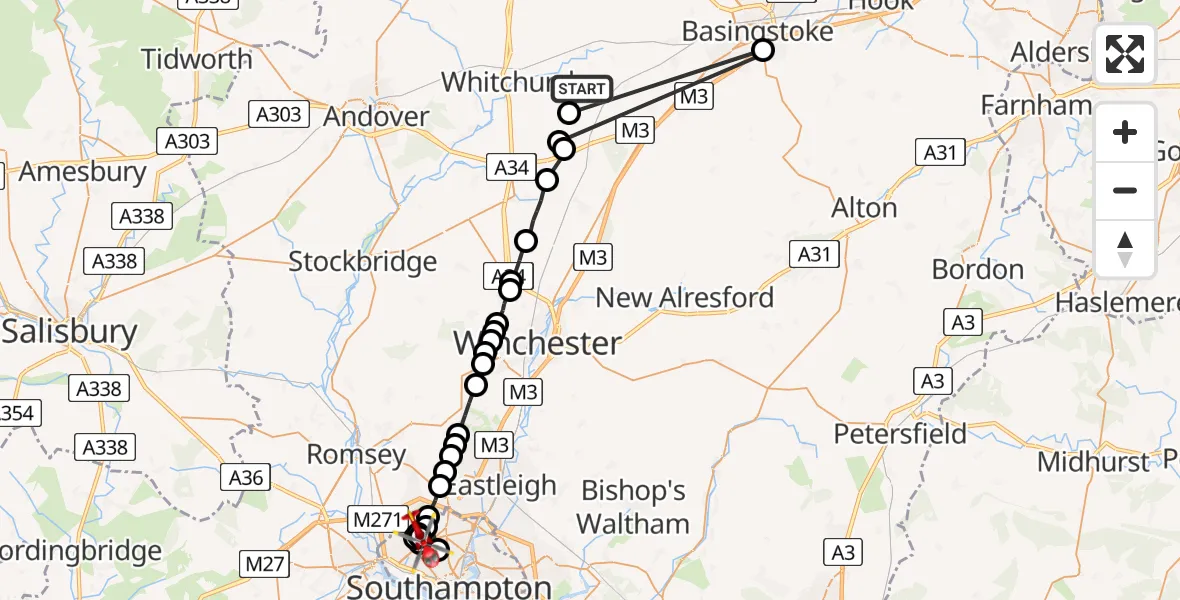 Flight route Air Ambulance Helicopter Overton - University Hospital Southampton, 07 June 2026, 20:44