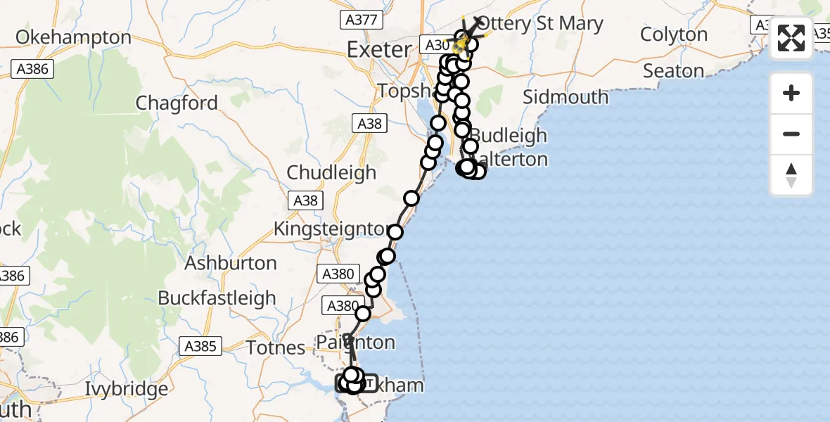 Flight route Police Helicopter Galmpton - Rockbeare, 07 June 2026, 21:17