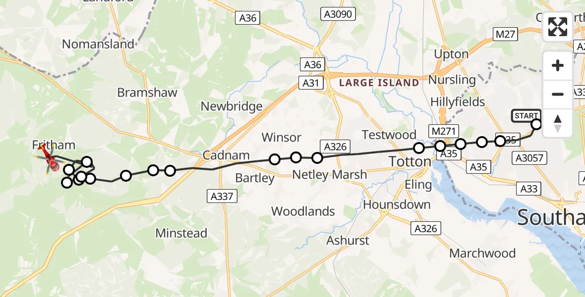Flight route Air Ambulance Helicopter University Hospital Southampton - Bramshaw, 07 June 2026, 21:46