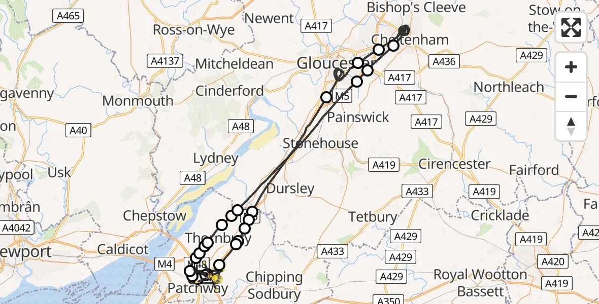 Flight route Police Helicopter Almondsbury Helicopter Base - Bradley Stoke, 07 June 2026, 21:50