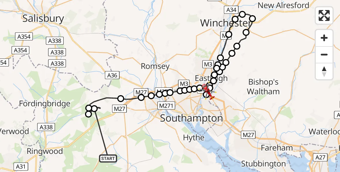 Flight route Air Ambulance Helicopter Brockenhurst - Southampton Airport, 07 June 2026, 21:58