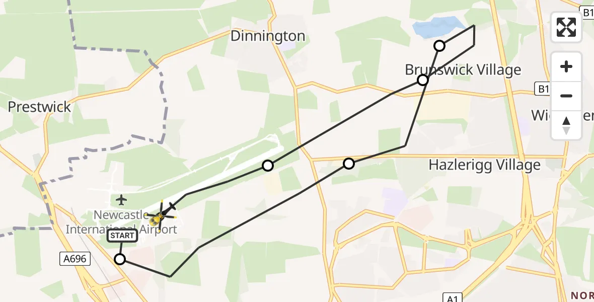 Flight route Police Helicopter Newcastle International Airport - Newcastle International Airport, 07 June 2026, 22:12