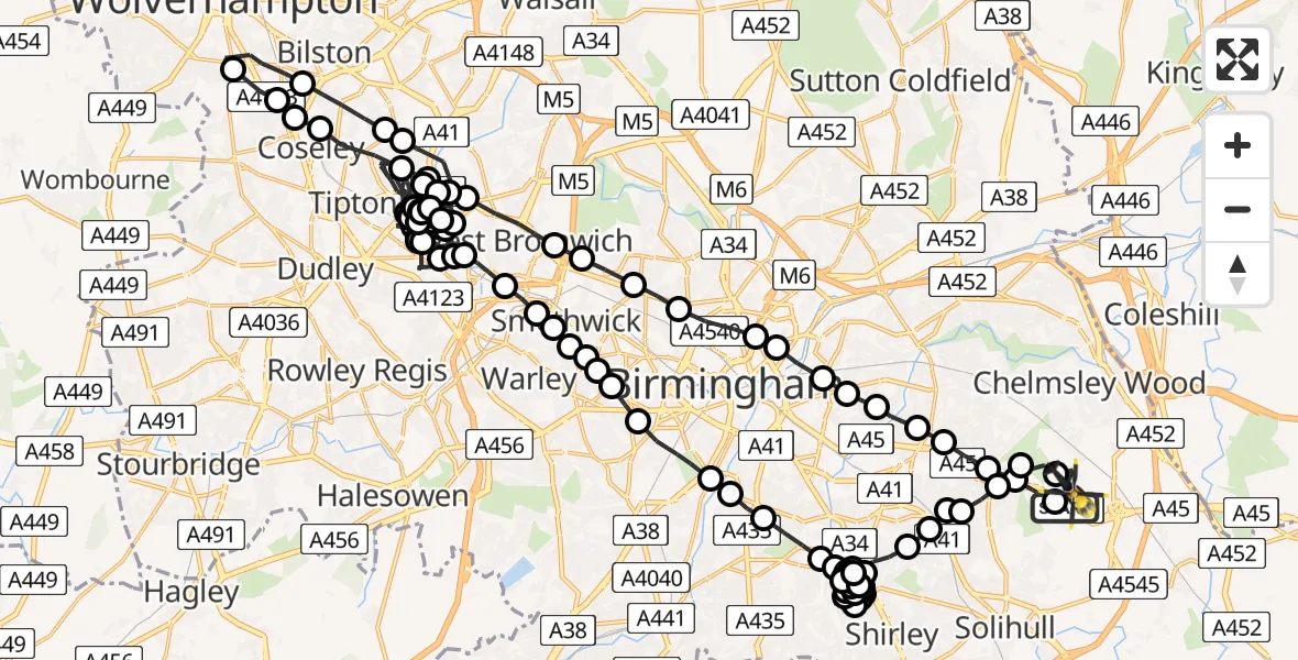 Flight route Police Helicopter Birmingham Airport - Birmingham Airport, 07 June 2026, 22:39