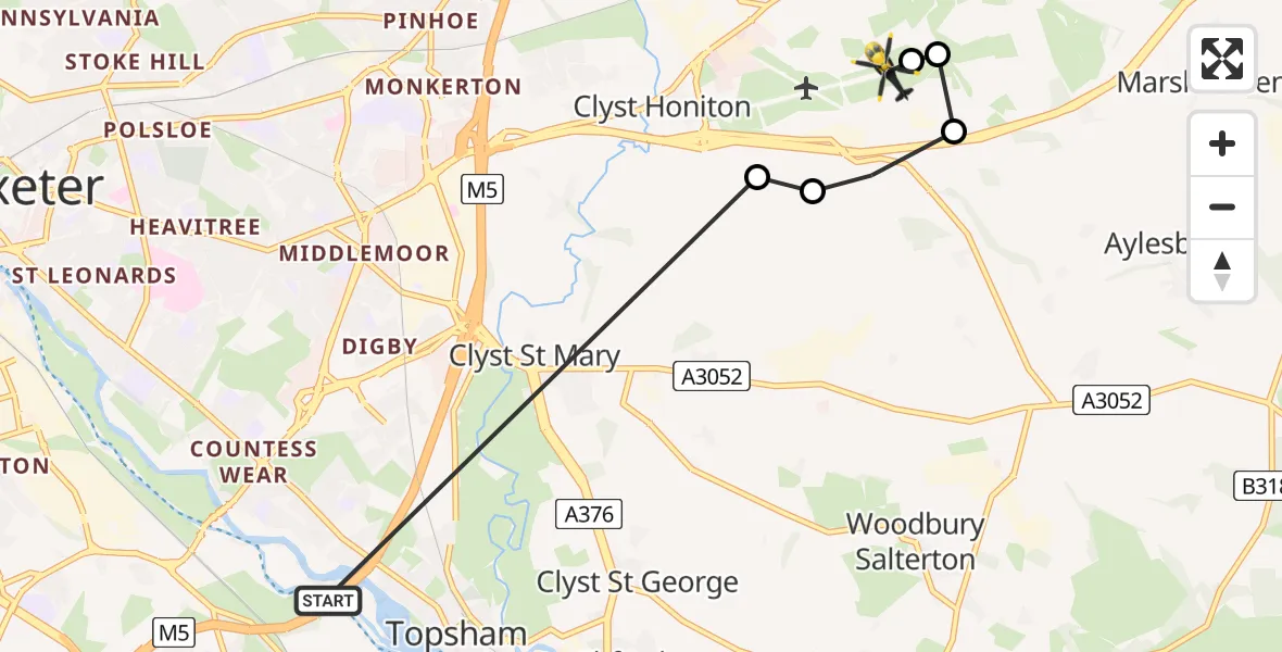 Flight route Police Helicopter Topsham - Exeter International Airport, 07 June 2026, 23:30