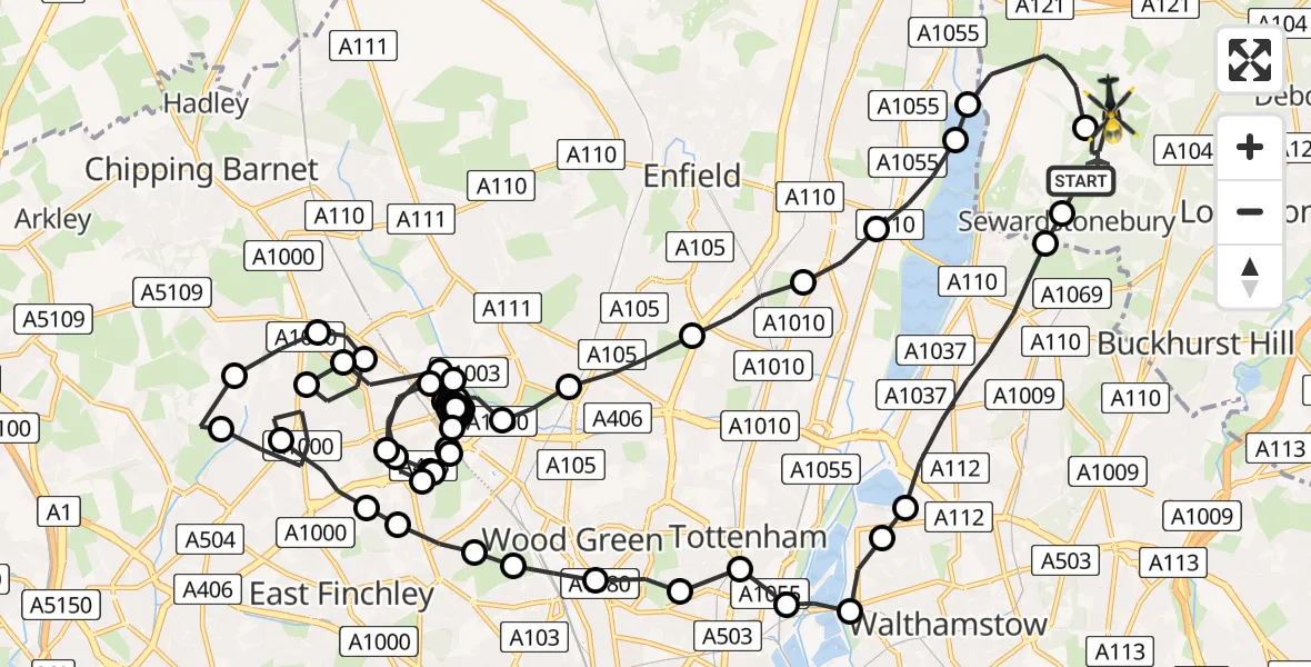 Flight route Police Helicopter Metropolitan Police Air Support Unit Lippitts Hill - Epping Forest, 07 June 2026, 23:43