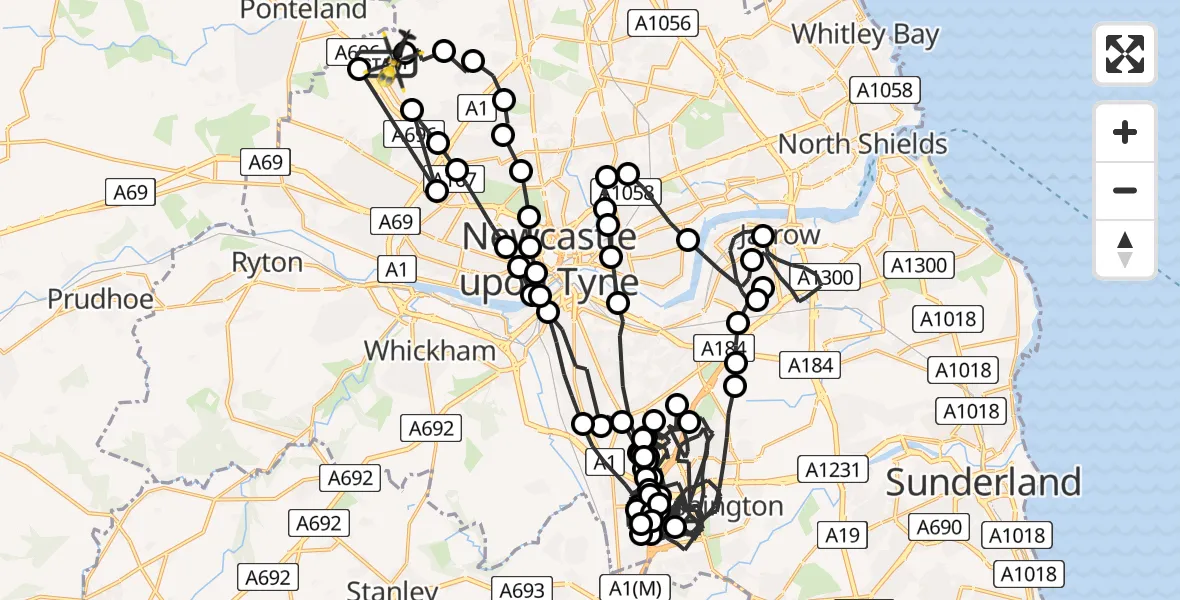 Flight route Police Helicopter Newcastle International Airport - Newcastle International Airport, 08 June 2026, 01:21