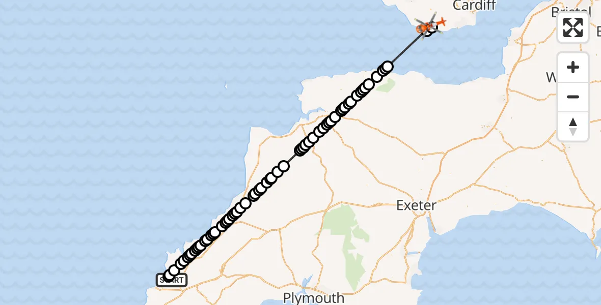 Flight route Coastguard Helicopter Cornwall Airport Newquay - MOD St Athan, 08 June 2026, 05:10