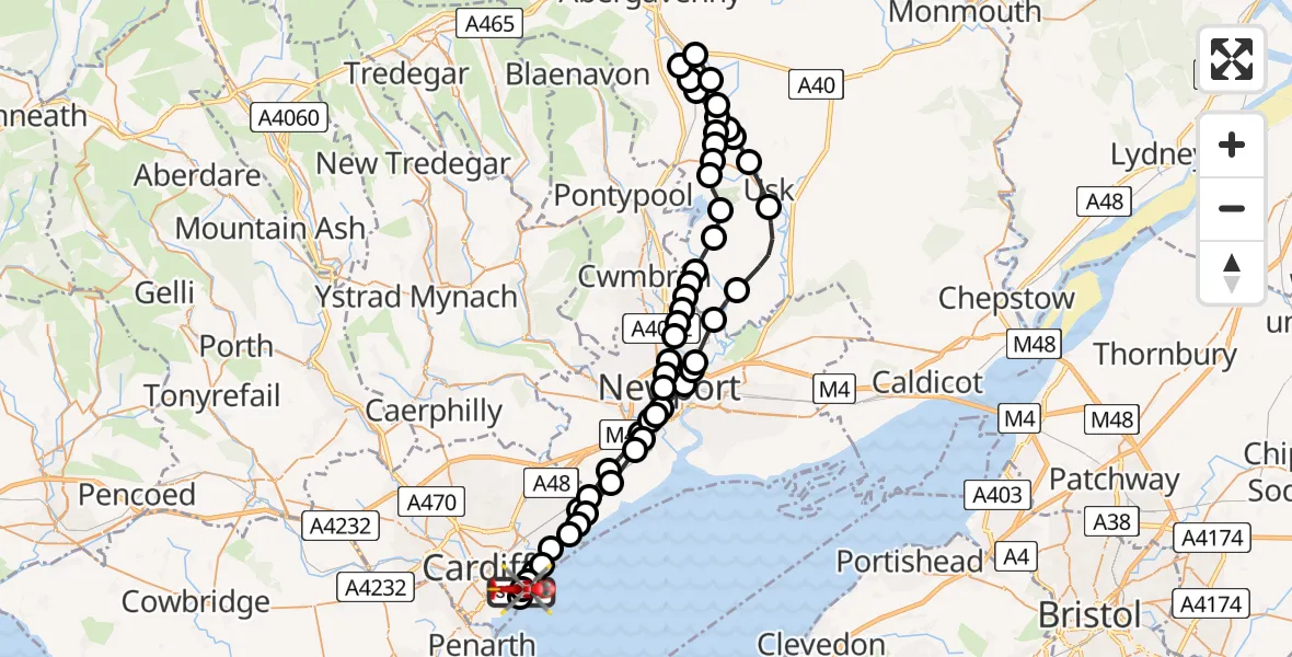 Flight route Air Ambulance Helicopter Cardiff Heliport - Cardiff Heliport, 08 June 2026, 05:45