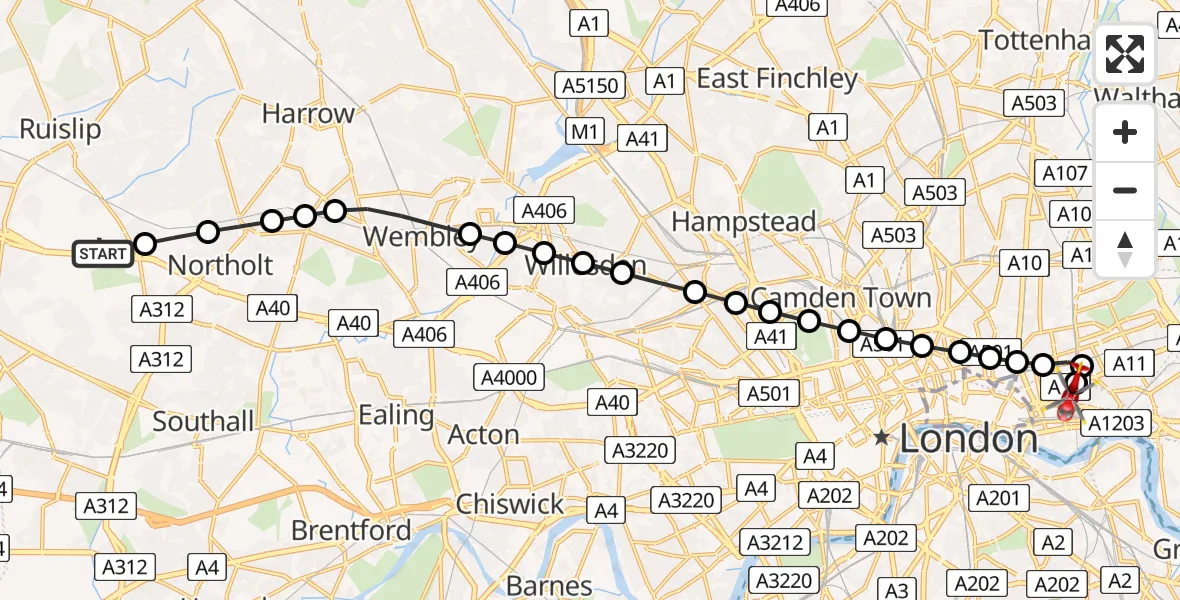Flight route Air Ambulance Helicopter RAF Northolt - Royal London Hospital, 08 June 2026, 07:16