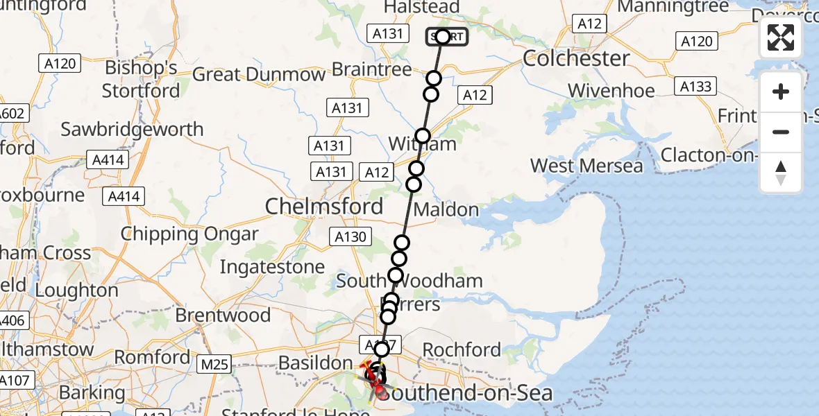 Flight route Air Ambulance Helicopter Earls Colne Airfield - South Benfleet, 08 June 2026, 07:24