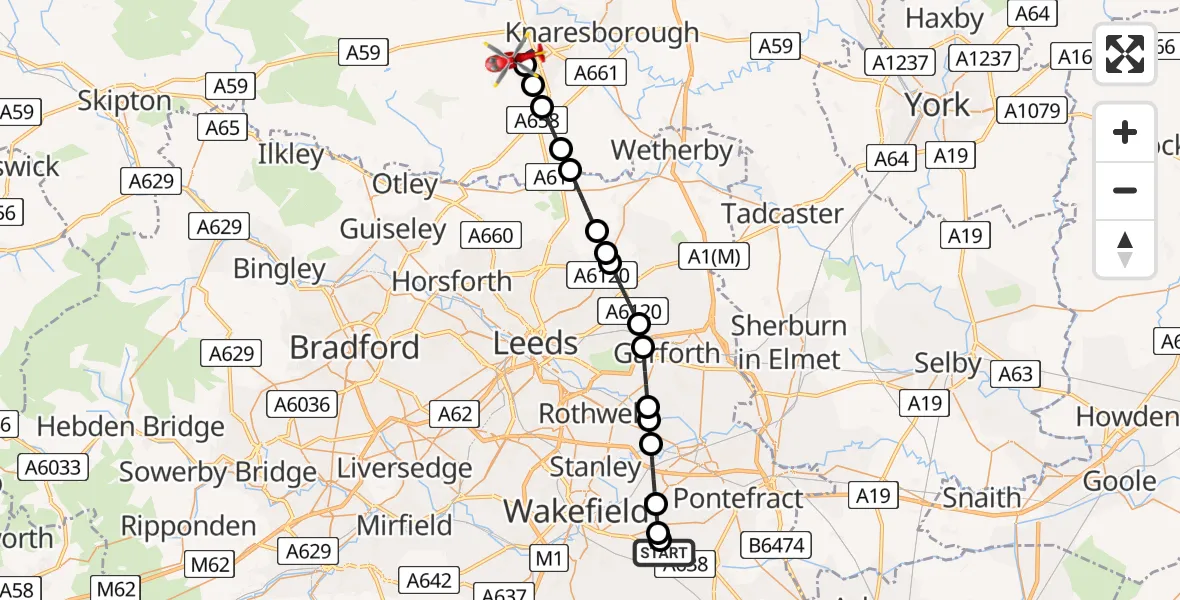 Flight route Air Ambulance Helicopter YAA Nostell Helicopter Port - Harrogate, 08 June 2026, 07:42