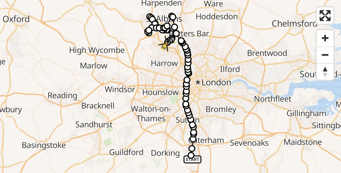 Flight route Police Helicopter Salfords - Aldenham, 08 June 2026, 07:55