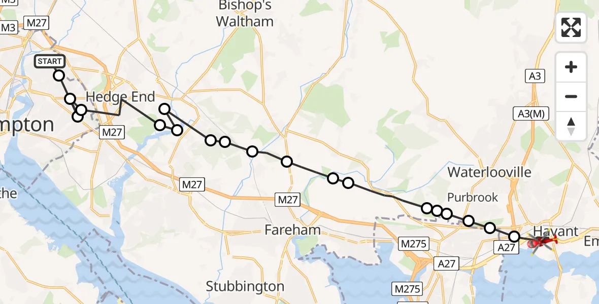 Flight route Air Ambulance Helicopter Chartwell Green - Havant, 08 June 2026, 08:08