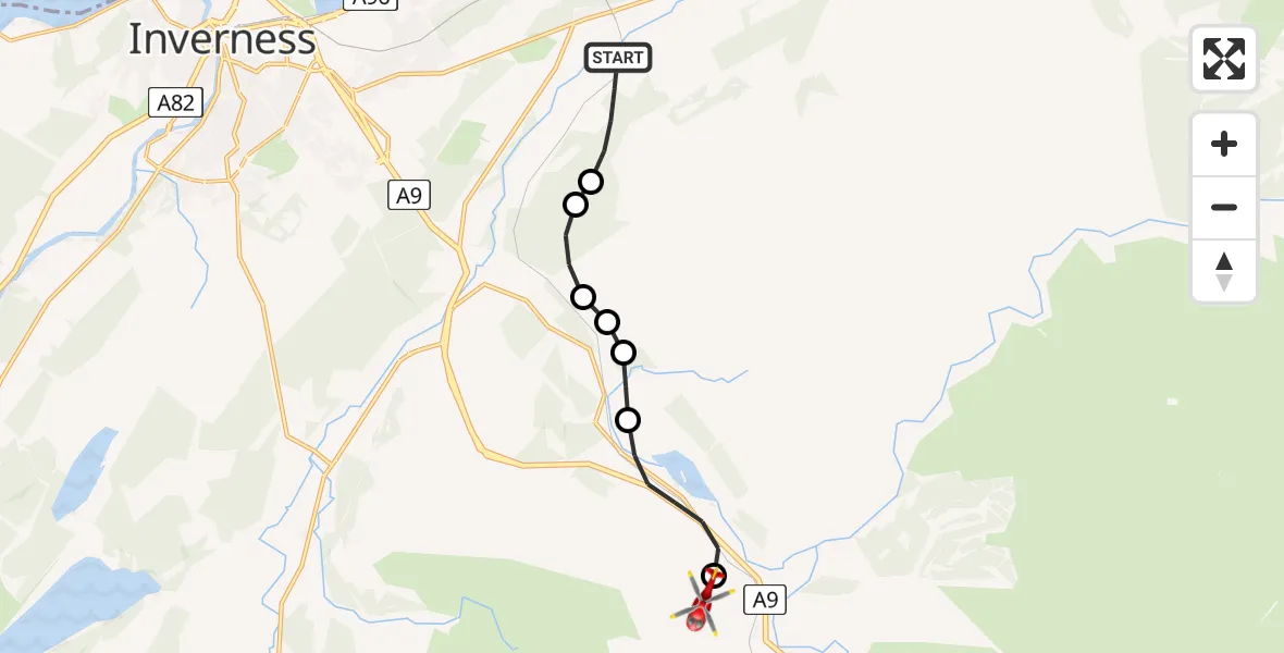 Flight route Air Ambulance Helicopter Newlands of Culloden - Moy, 08 June 2026, 08:18