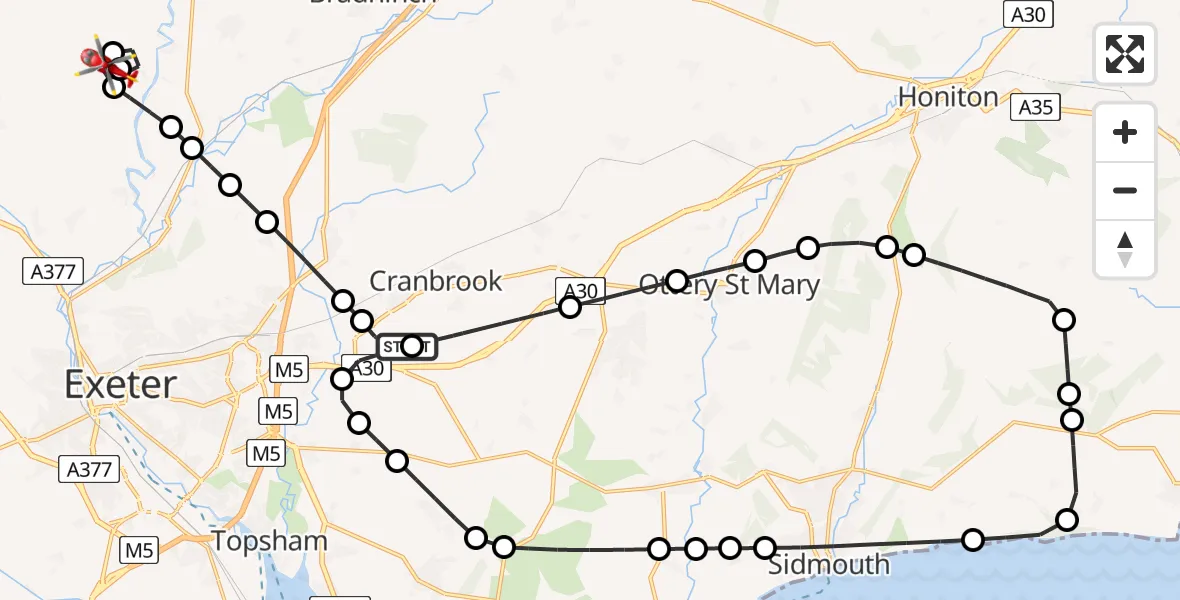 Flight route Air Ambulance Helicopter Exeter International Airport - Exeter, 08 June 2026, 08:18