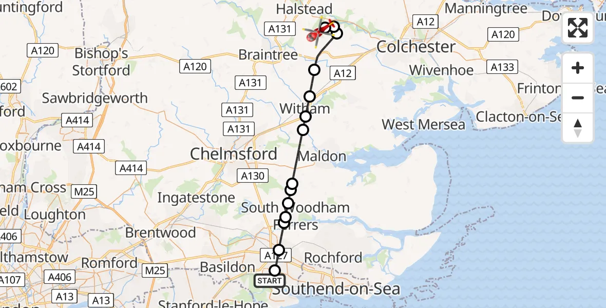 Flight route Air Ambulance Helicopter South Benfleet - Earls Colne Airfield, 08 June 2026, 08:36